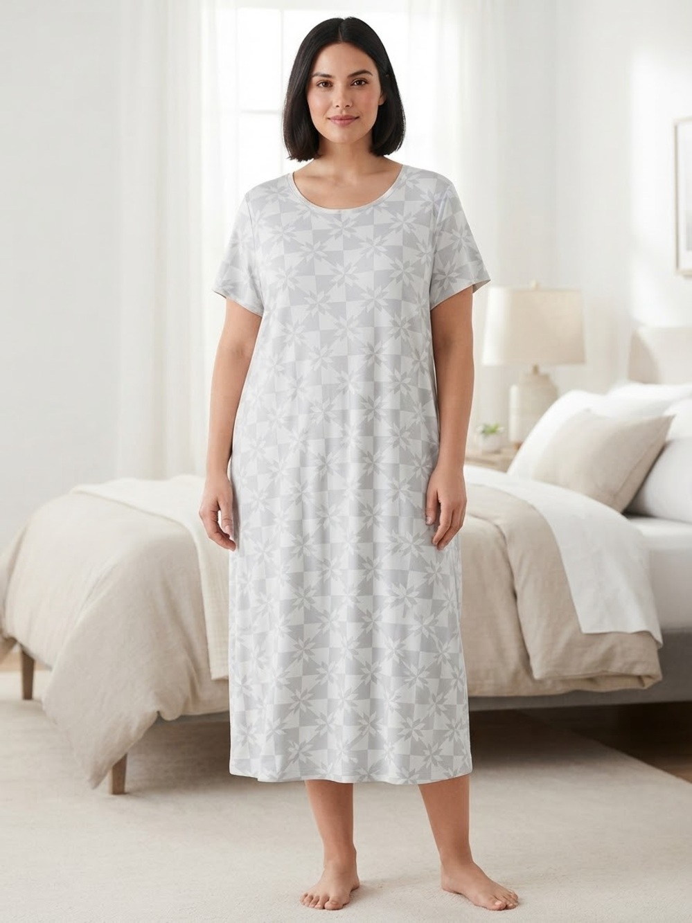 LANDS’ END Geometric Short-Sleeve Nightgown 2X 26” P2P Gray/Off White NWOT